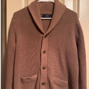 J.Crew Cardigan Sweater Men's L Rust Brown Cotton Shawl Collar Button Waffle